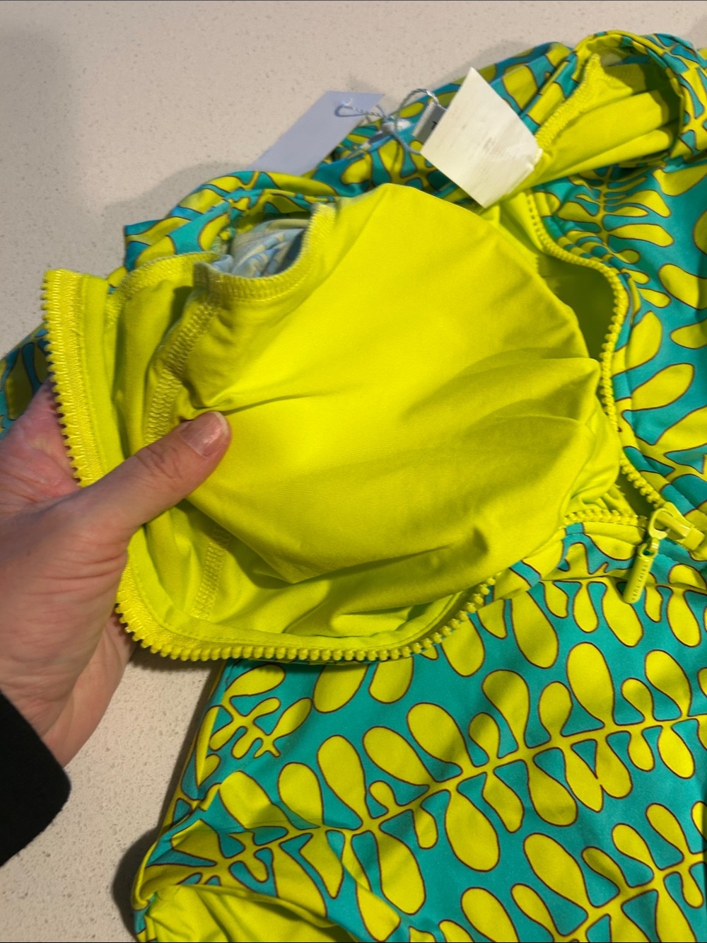Trina Turk Green and Turquoise Leaf-Print Rashguard Swimsuit - Picture 3 of 4